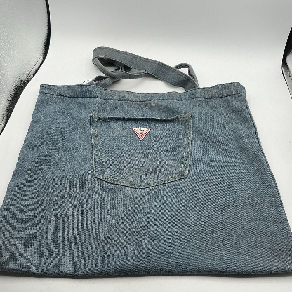 Vintage GUESS Jeans Denim Tote Bag Blue Shoulder Bag Large Pocket Logo USA